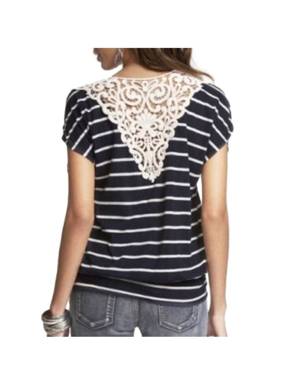 Express Navy Blue and Cream Crochet Stripe Top